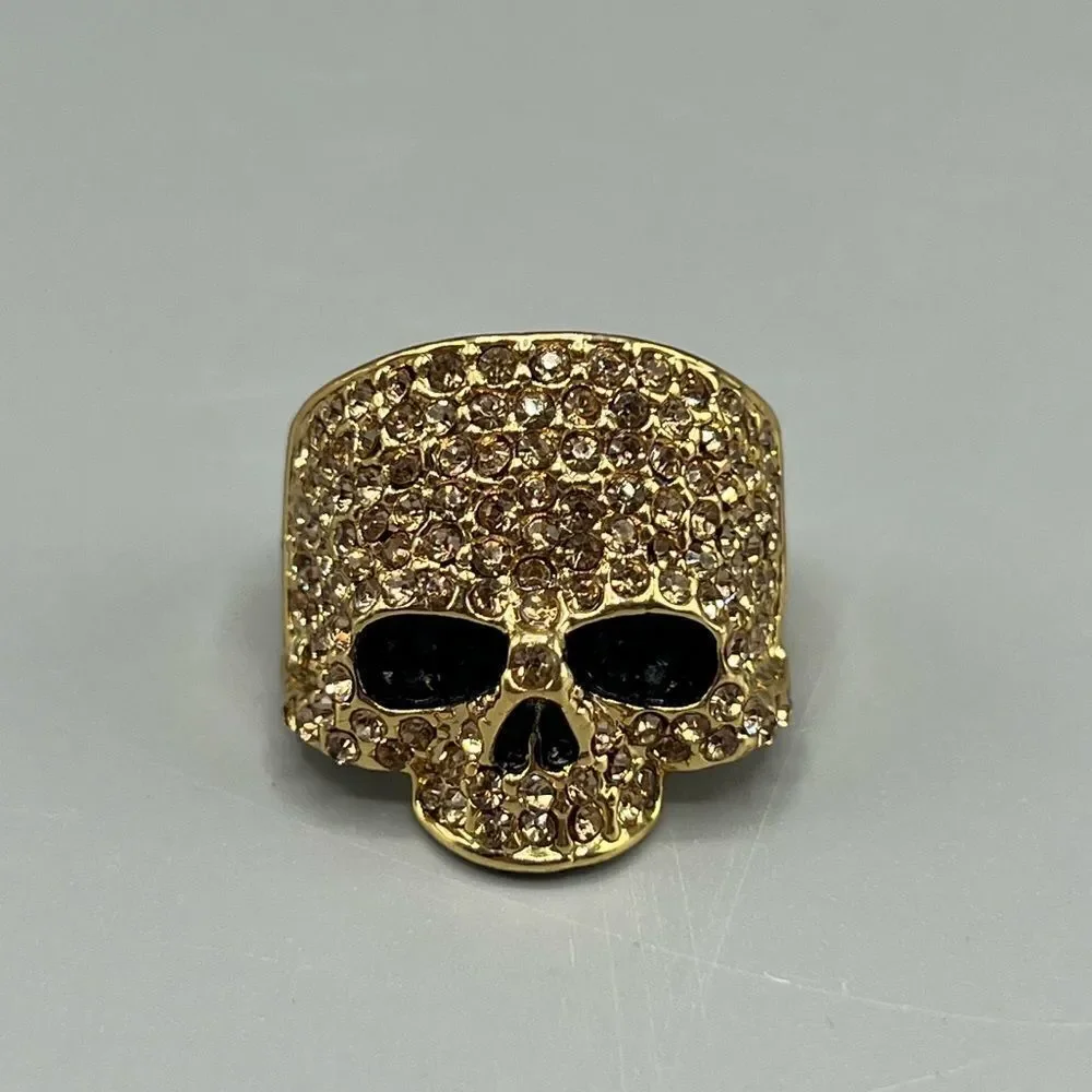 Men’s Rhinestone Gold-Tone Skull Ring Size 10